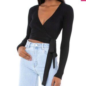 Mink Pink Black Ribbed Wrap Top